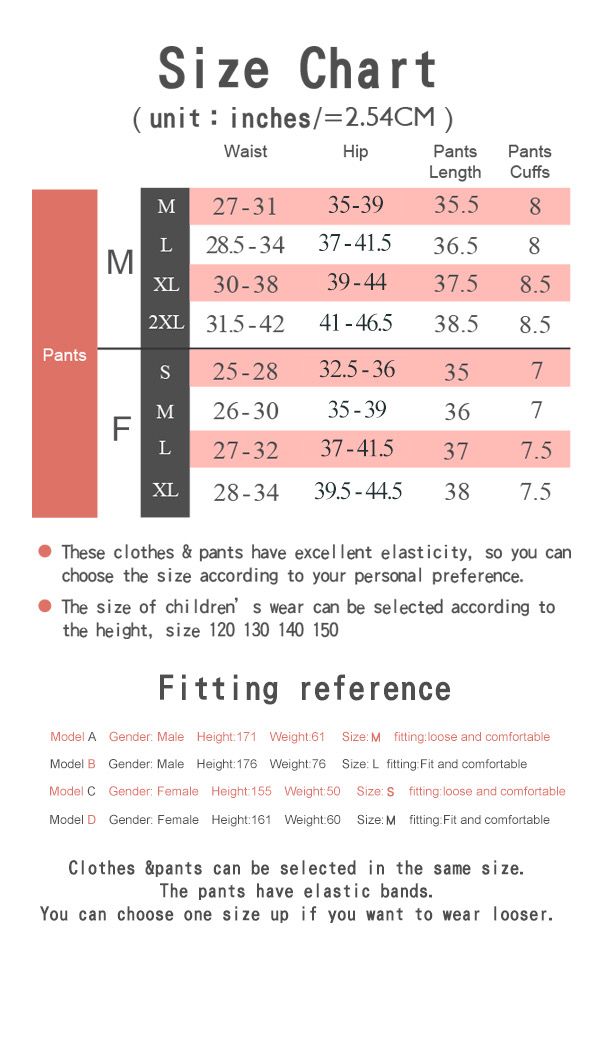 Unisex thermal leggings size chart with waist, hip, length, and cuff measurements in inches, including male and female fitting reference