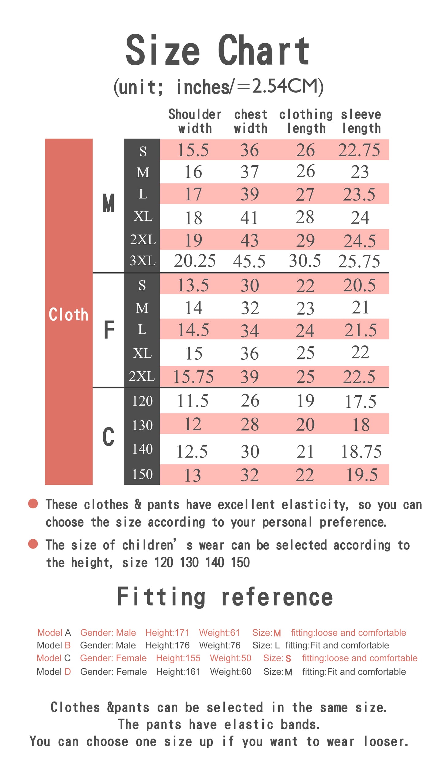 Thermal clothing size chart for men, women, and children with shoulder, chest, length, sleeve measurements and fitting reference