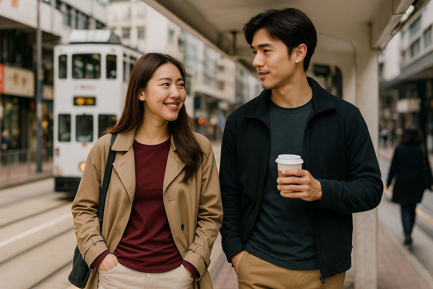 Couple in thermal tops smiling at tram stop in Hong Kong, holding coffee and wearing casual jackets