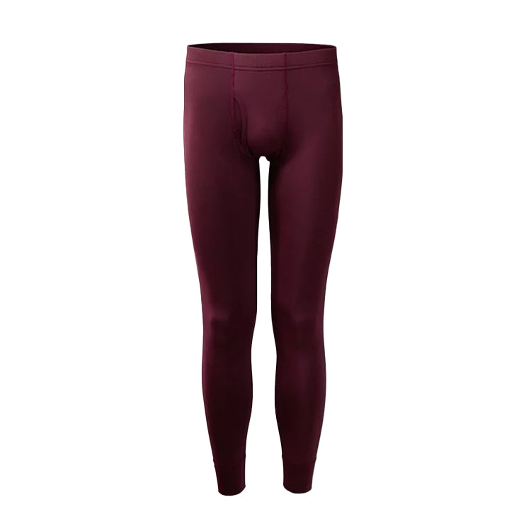 Men's burgundy thermal leggings with fly detail, quick-dry fabric ideal for layering in winter and activewear use