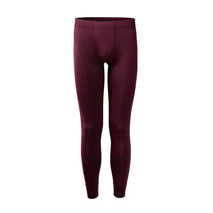 Men's burgundy thermal leggings with fly detail, quick-dry fabric ideal for layering in winter and activewear use