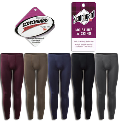 Men's thermal leggings in five color options with 3M Scotchgard moisture-wicking hang tags, designed for warmth and comfort