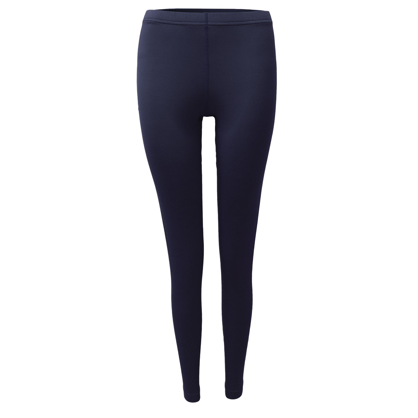 Front view of navy blue thermal leggings with moisture-wicking 3M Scotchgard fabric
