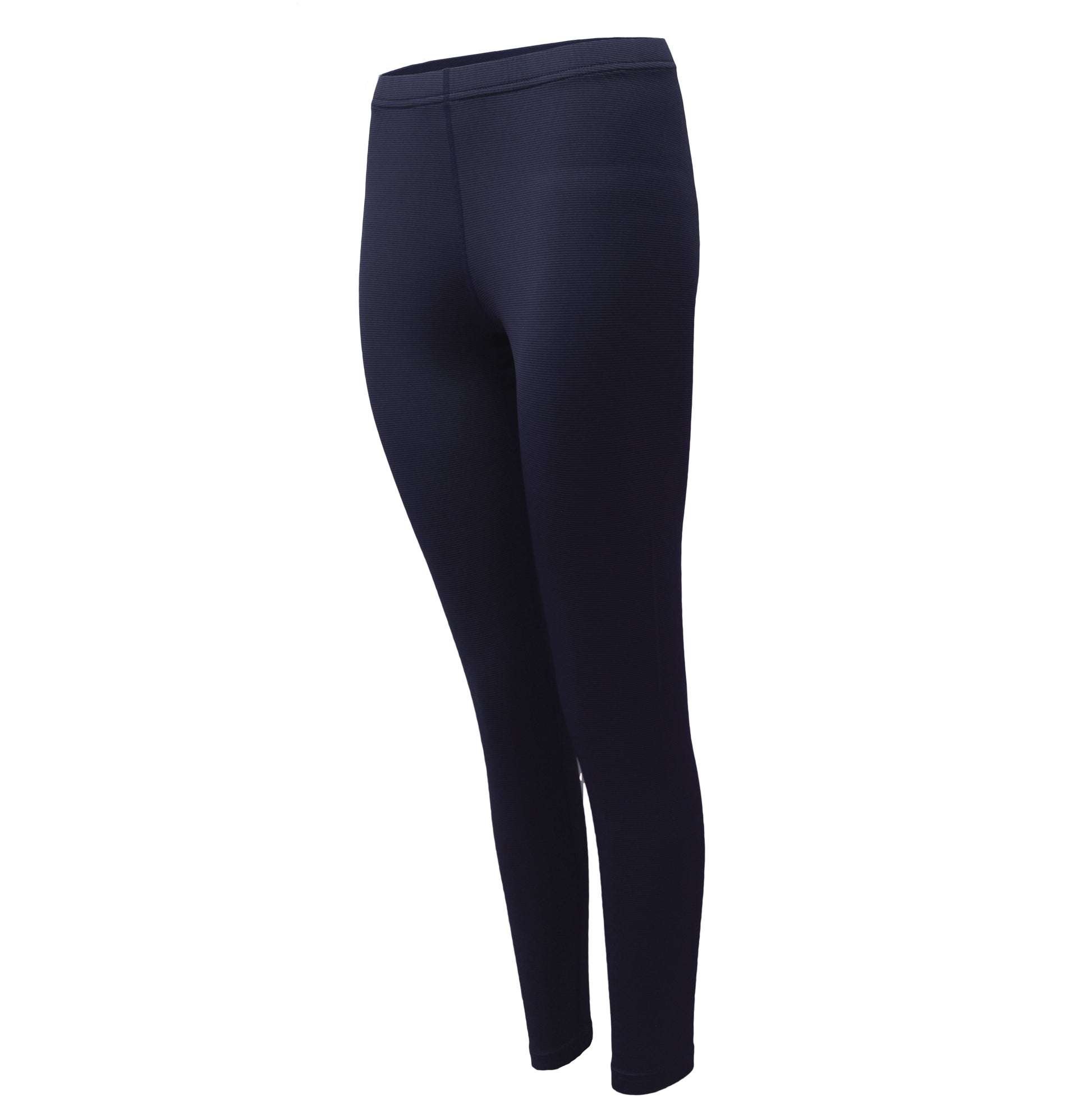 Side view of navy blue moisture-wicking thermal leggings for women