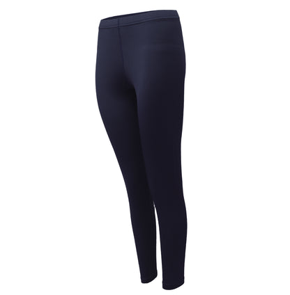 Side view of navy blue moisture-wicking thermal leggings for women