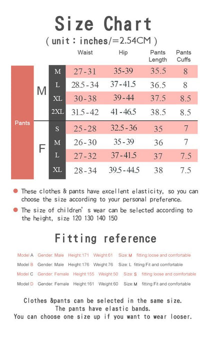 Unisex thermal leggings size chart with waist, hip, length, and cuff measurements in inches, including male and female fitting reference