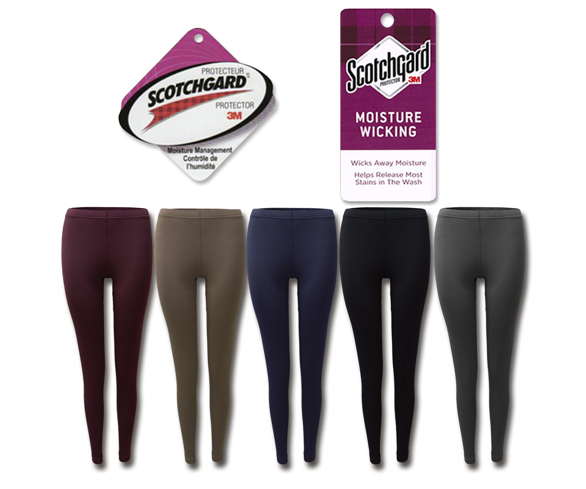 Thermal leggings in five color options with 3M Scotchgard moisture-wicking hang tags