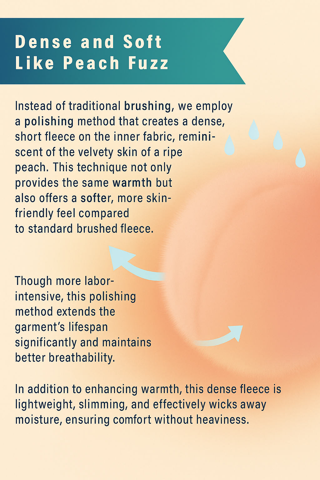 Polished inner fleece like peach fuzz – lightweight, breathable, warming, and moisture-wicking for all-day comfort