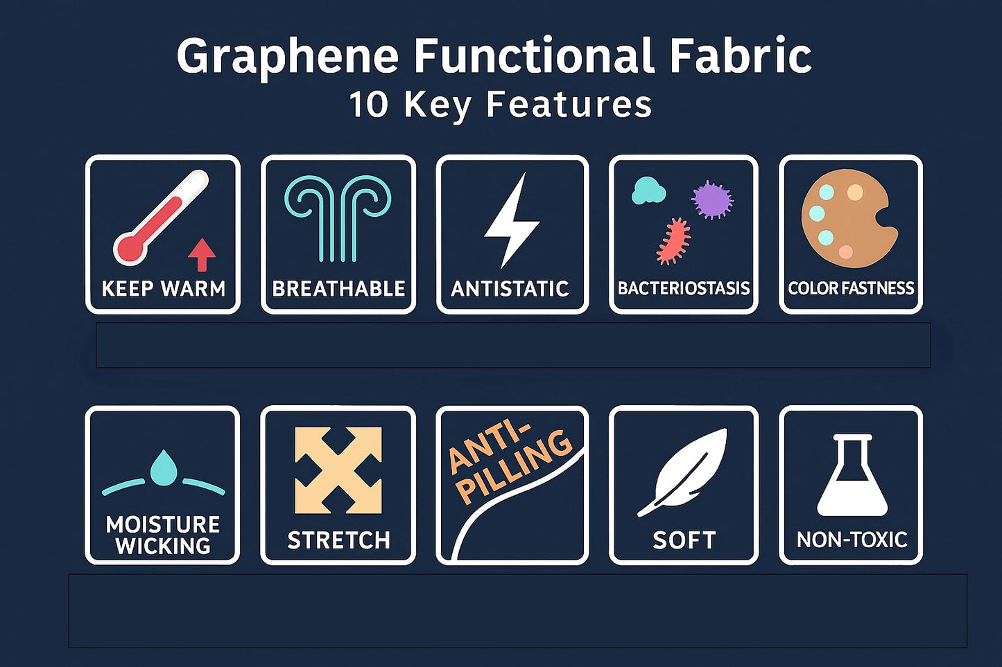 Graphene Functional Fabric – 10 Key Features including Keep Warm, Breathable, Antistatic, Bacteriostasis, Color Fastness, Moisture Wicking, Stretch, Anti-Pilling, Soft, and Non-Toxic.