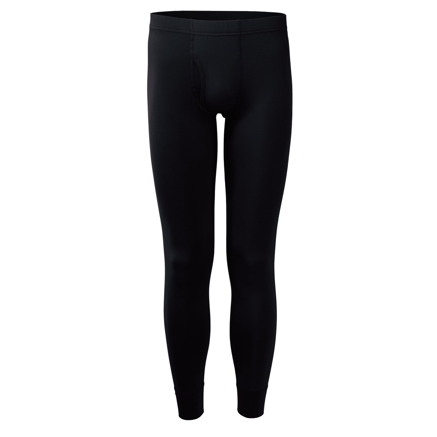 Front view of men's black thermal leggings with fly opening, featuring moisture-wicking fabric and made in Taiwan