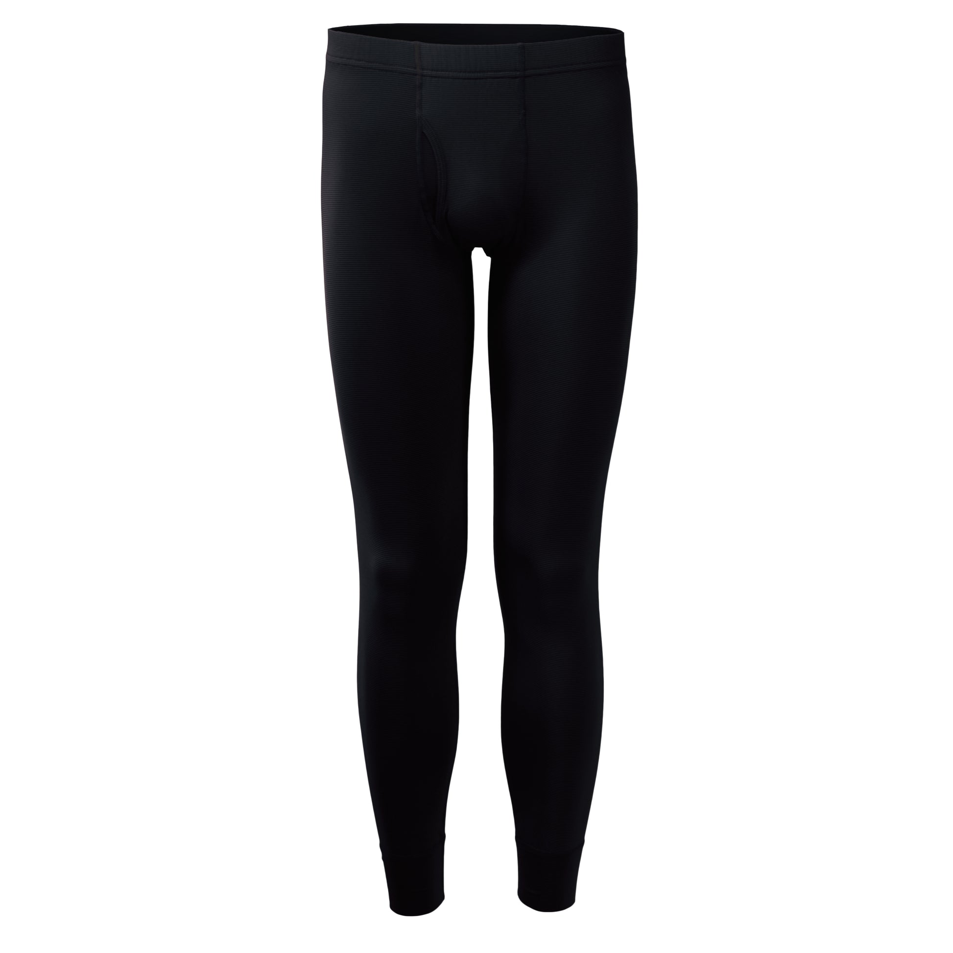 Front view of men's black thermal leggings with fly opening, featuring moisture-wicking fabric and made in Taiwan