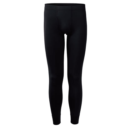 Front view of men's black thermal leggings with fly opening, featuring moisture-wicking fabric and made in Taiwan