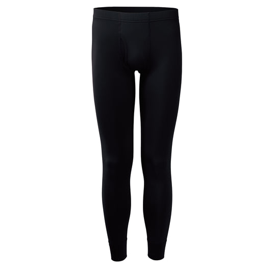 Front view of men's black thermal leggings with fly opening, featuring moisture-wicking fabric and made in Taiwan