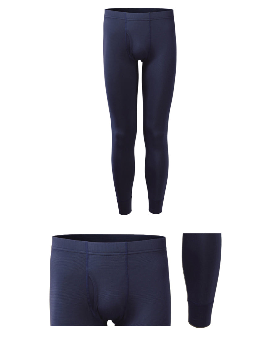 Close-up and full view of Galaxy Wear men's navy thermal leggings, featuring elastic waistband, moisture-wicking fabric, and fly opening detail