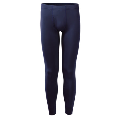 Front view of men's navy blue thermal leggings with fly opening, made in Taiwan using quick-dry moisture control fabric