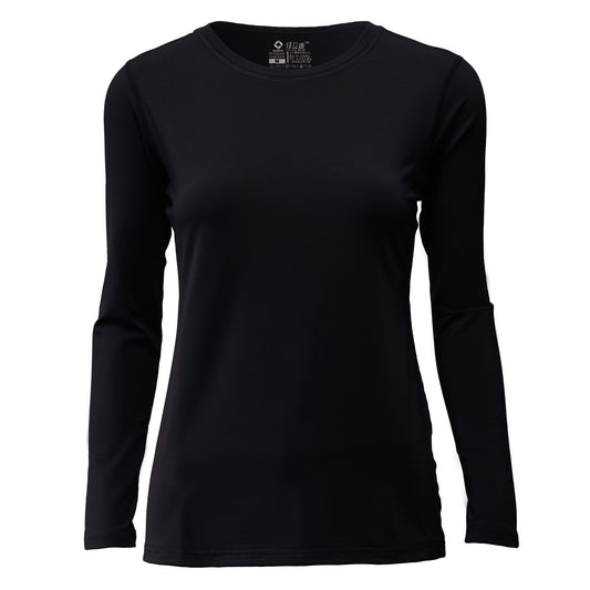 Galaxy Wear women's black thermal top, crew neck, made in Taiwan with quick-heat and moisture-wicking fabric