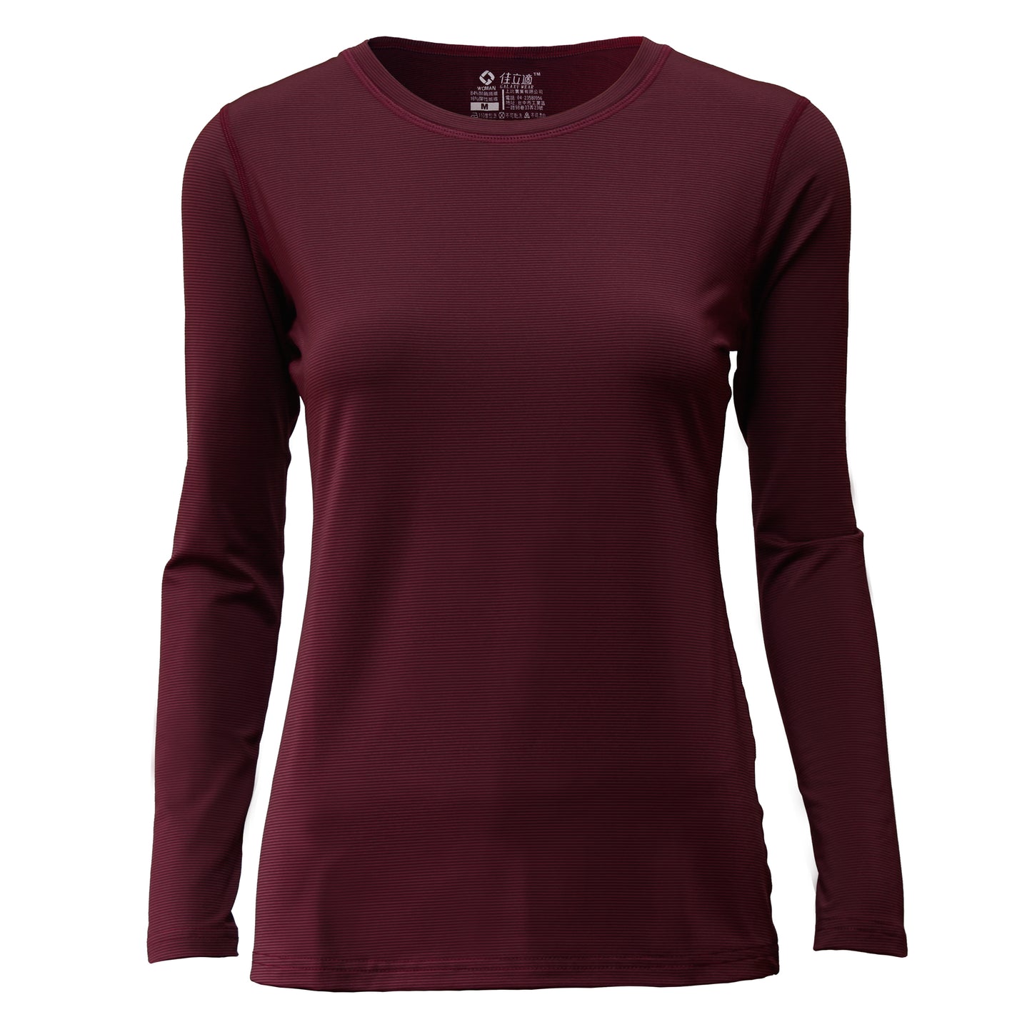 Galaxy Wear women's burgundy thermal base layer, crew neck, made in Taiwan with quick-heat fiber