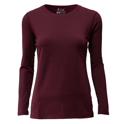 Galaxy Wear women's burgundy thermal base layer, crew neck, made in Taiwan with quick-heat fiber