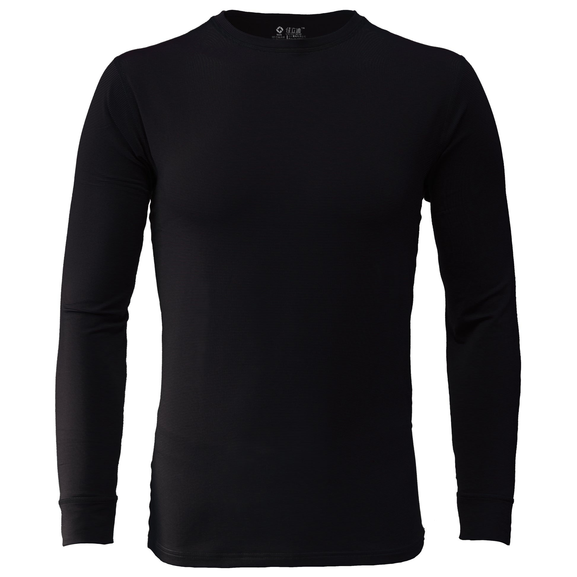 Men's black thermal long sleeve crew neck top - front view