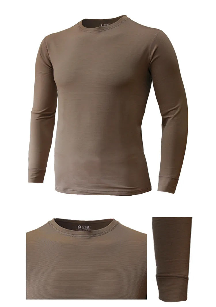 Men's khaki thermal long sleeve crew neck top - angled, collar, and sleeve detail views