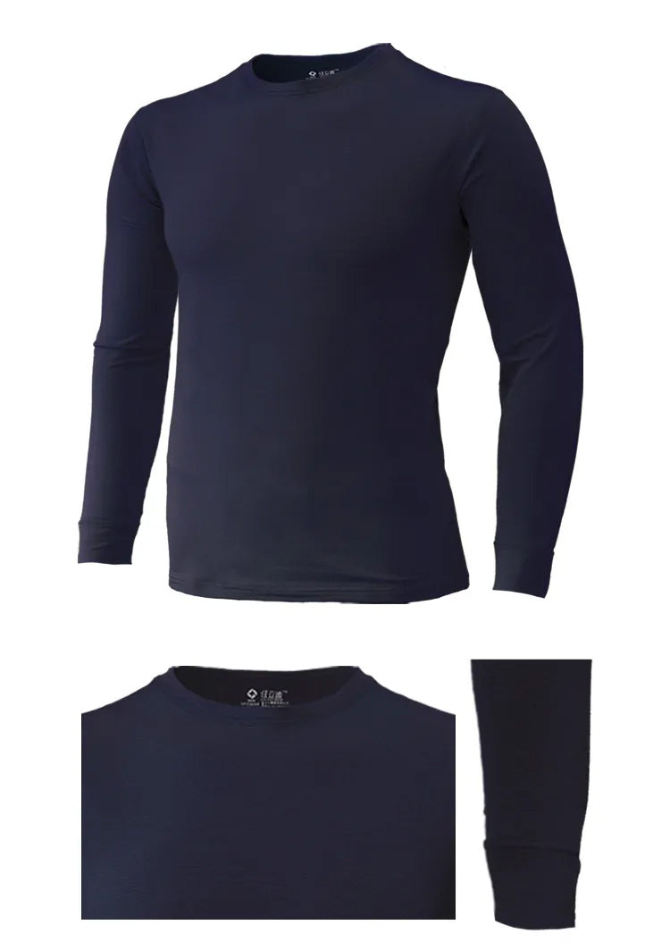 Men's navy thermal long sleeve crew neck top - angled, collar, and sleeve detail views