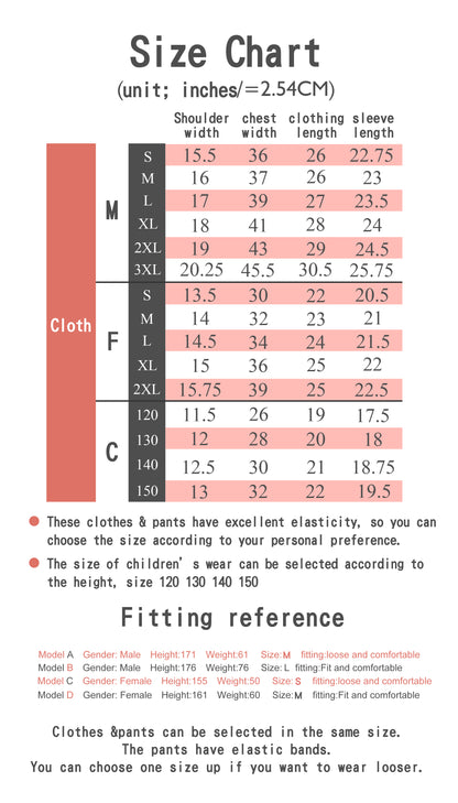 Thermal clothing size chart for men, women, and children with shoulder, chest, length, sleeve measurements and fitting reference