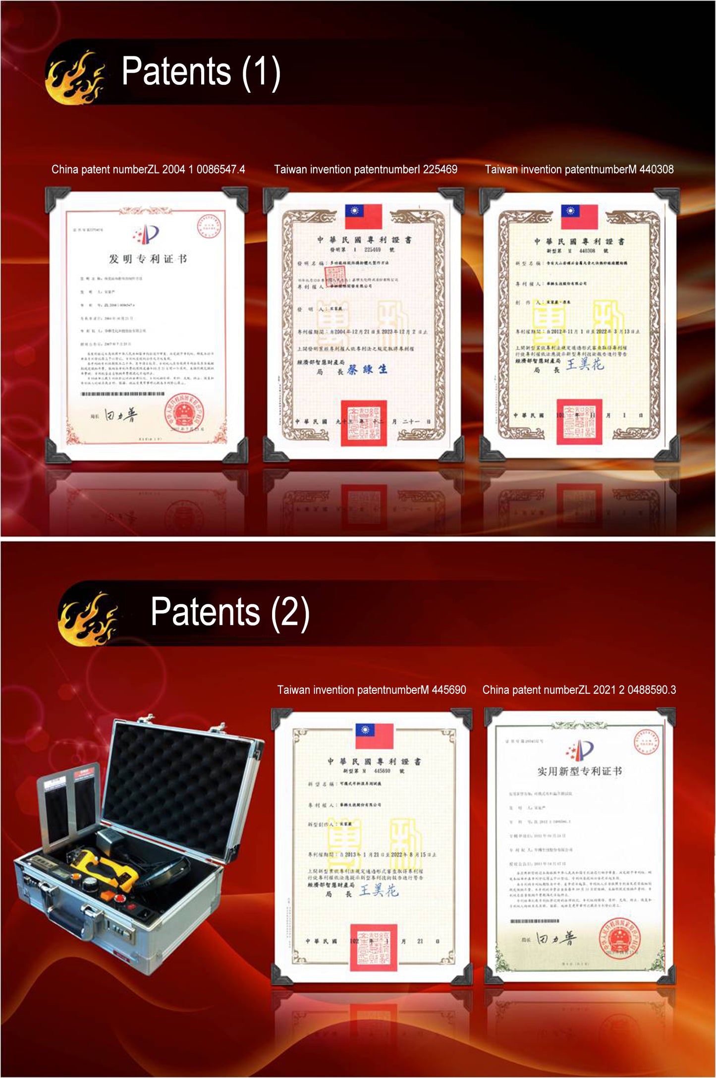 Collection of thermal clothing heating technology patents from Taiwan and China with certified invention numbers and prototype equipment