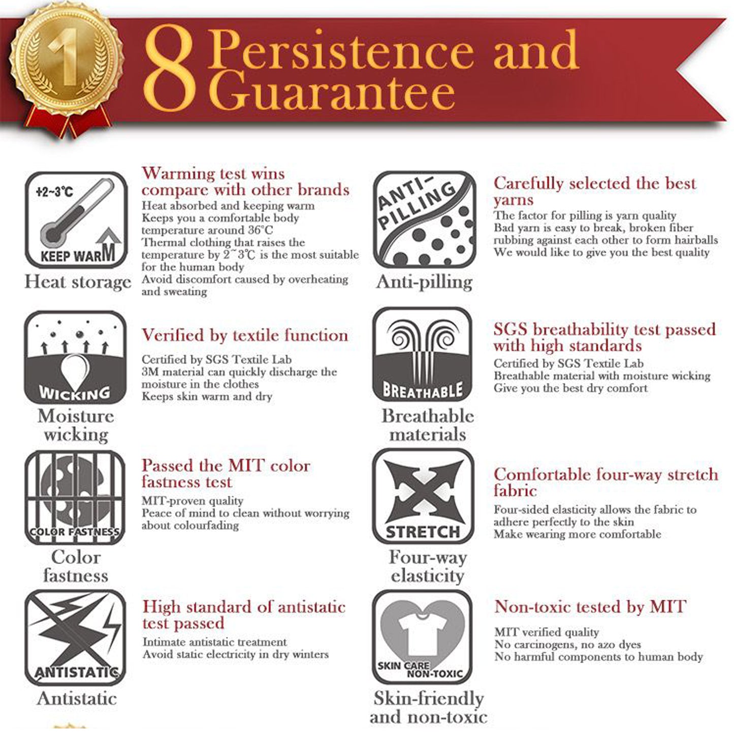 Thermal top features include anti-pilling, breathable fabric, moisture wicking, and four-way stretch