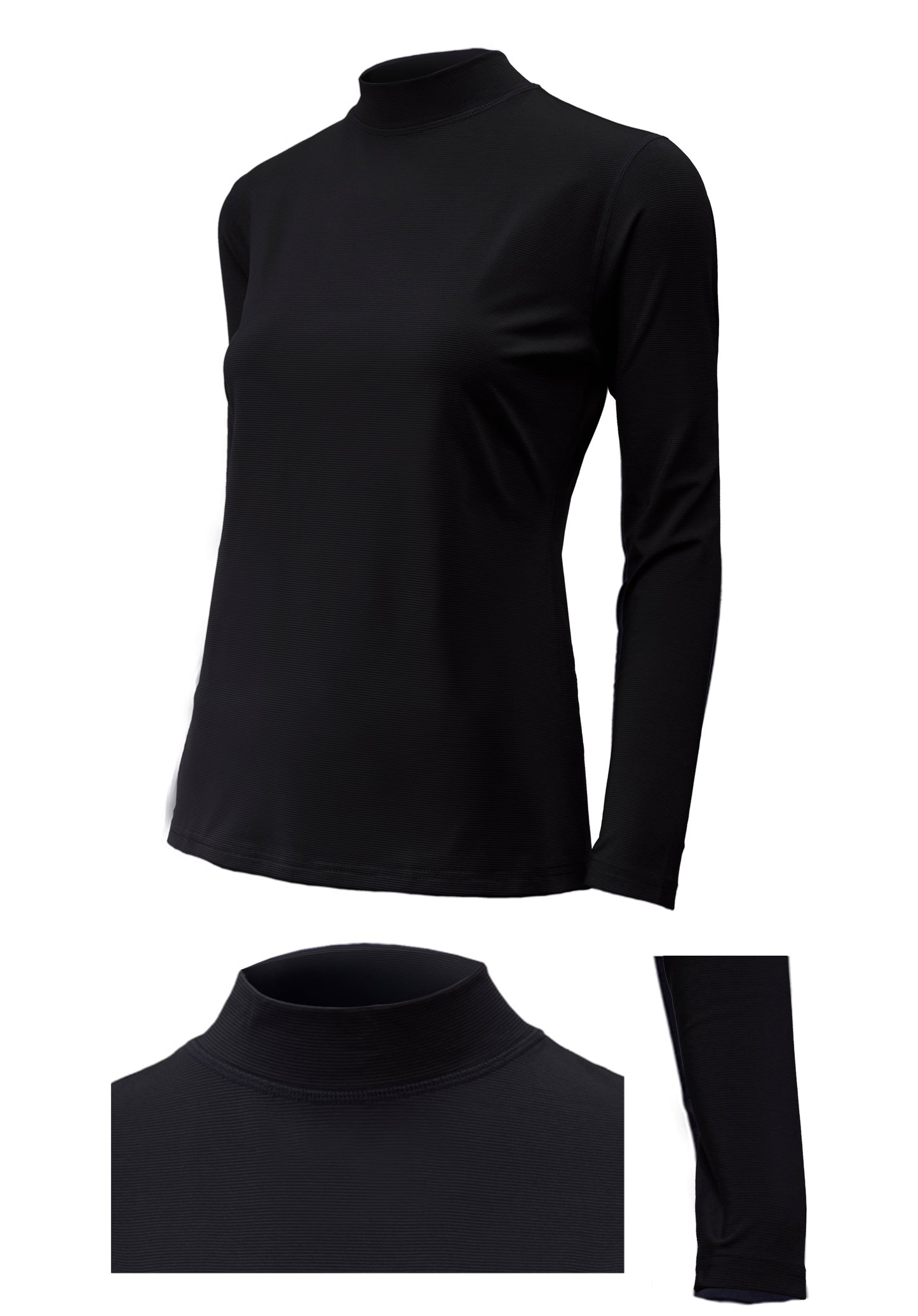 Women's thermal quick-heating mock neck top in black, long sleeve front and detail view