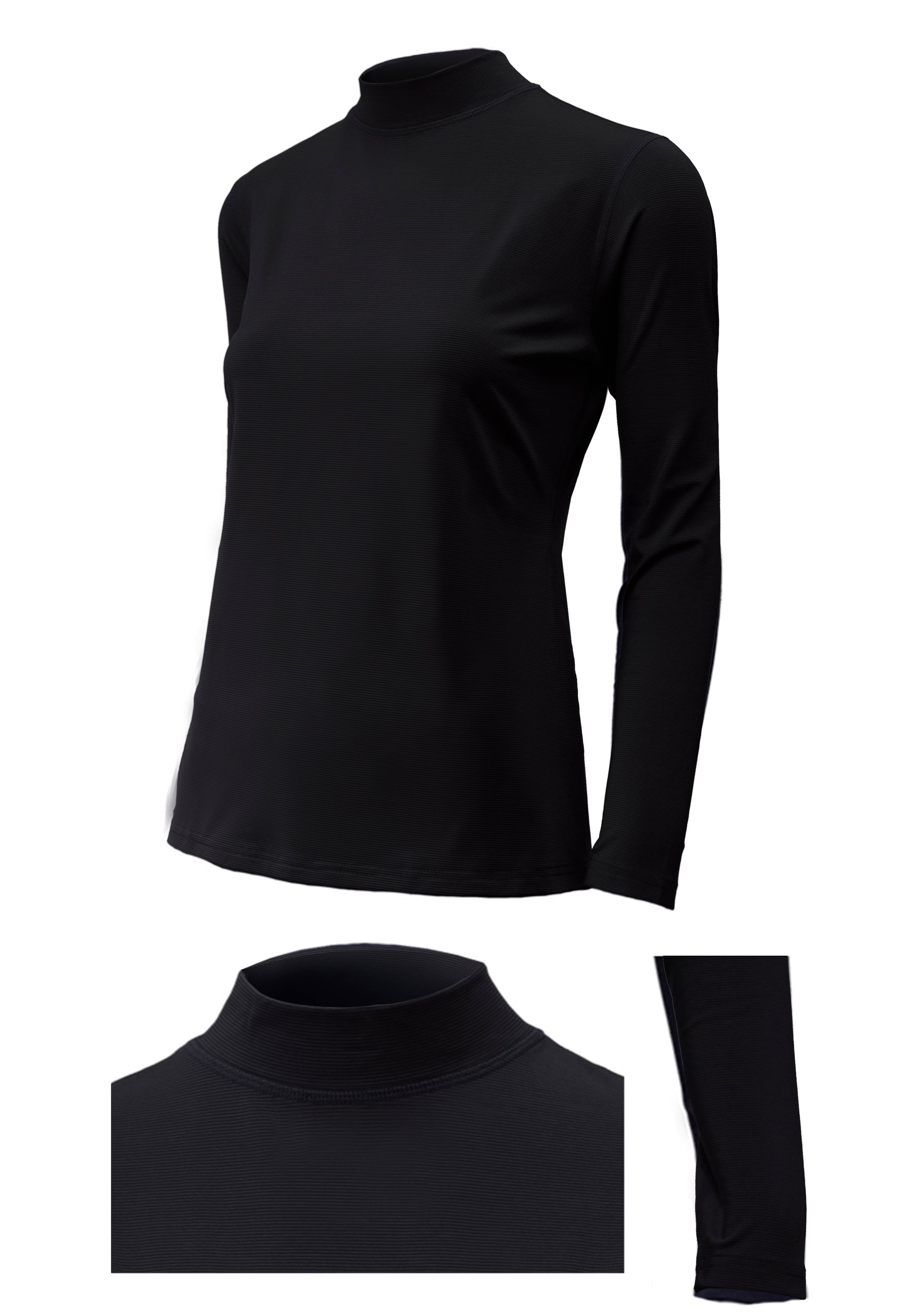 Women's thermal quick-heating mock neck top in black, long sleeve front and detail view
