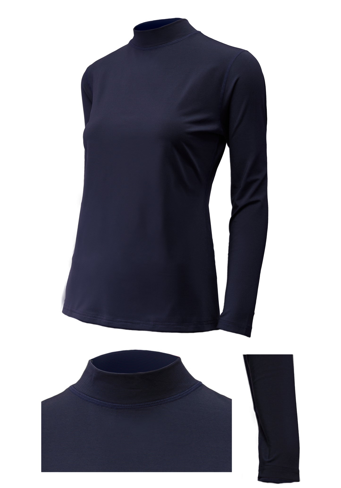 Women's thermal quick-heating mock neck top in navy blue, long sleeve front and detail view