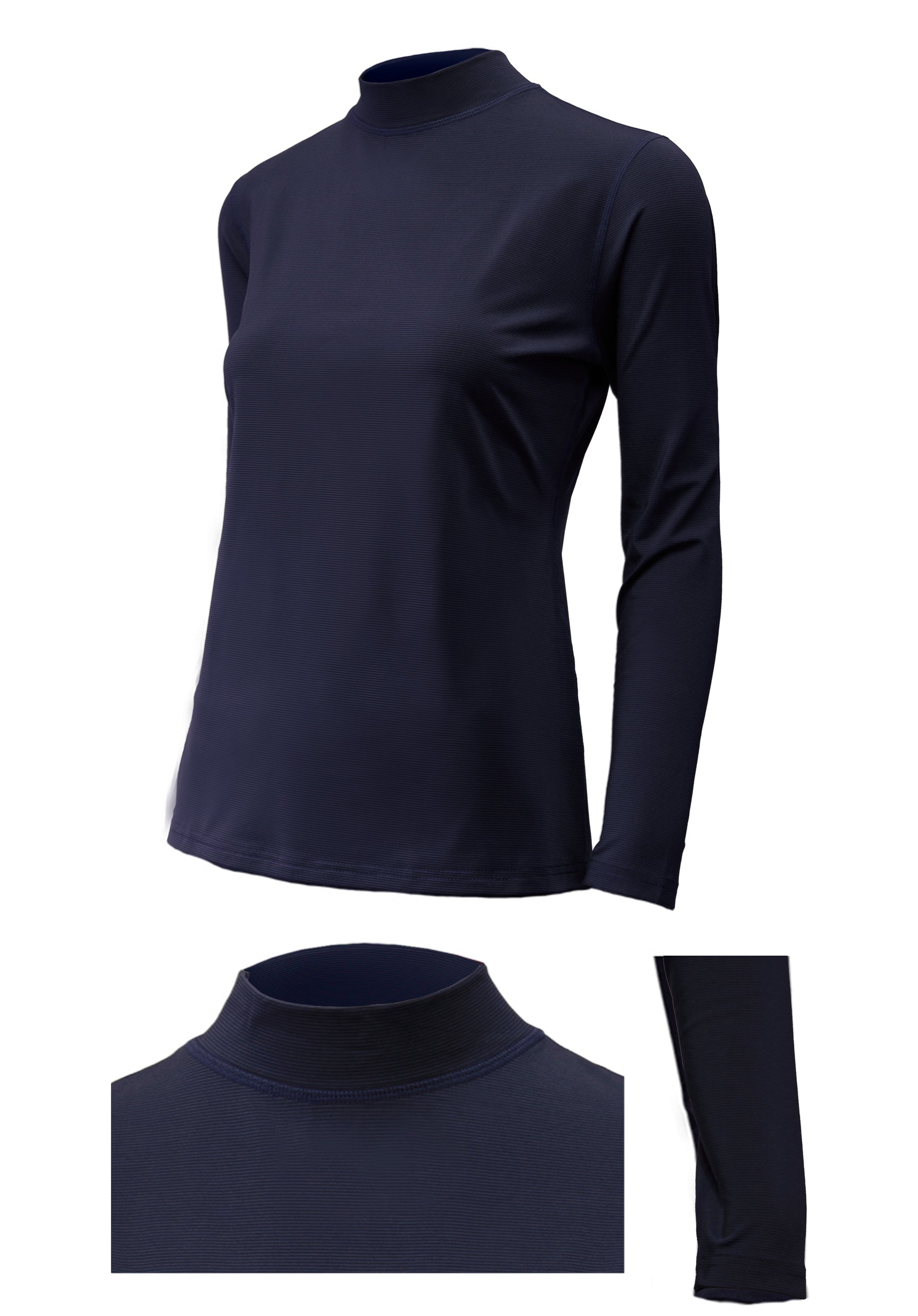 Women's thermal quick-heating mock neck top in navy blue, long sleeve front and detail view