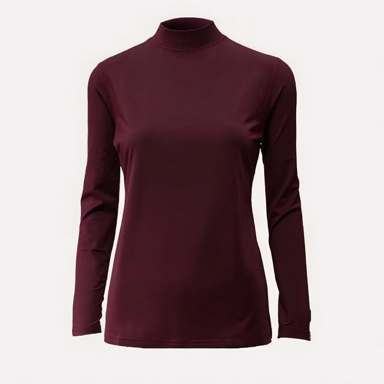 Women's thermal long sleeve top in burgundy red with mock neck design