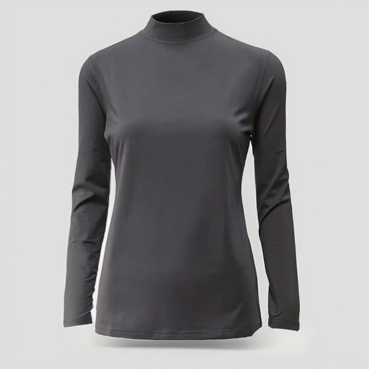 Women's thermal long sleeve top in dark grey with mock neck design