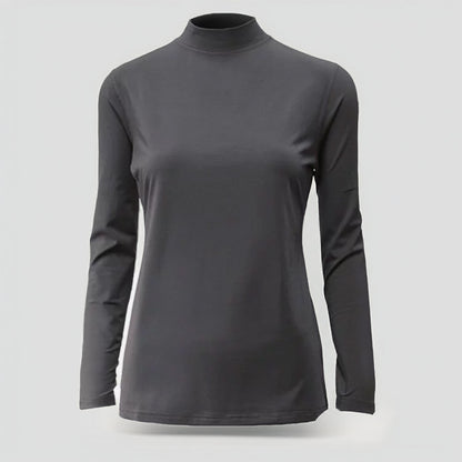 Women's thermal long sleeve top in dark grey with mock neck design